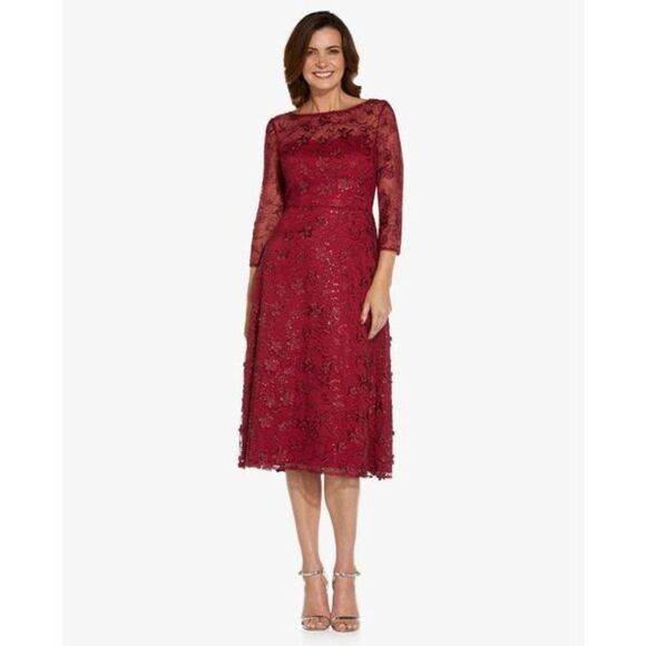 Adrianna Papell Size 6 Sequin Embroidered Midi Dress Red Mesh Overlay Evening - Picture 1 of 13